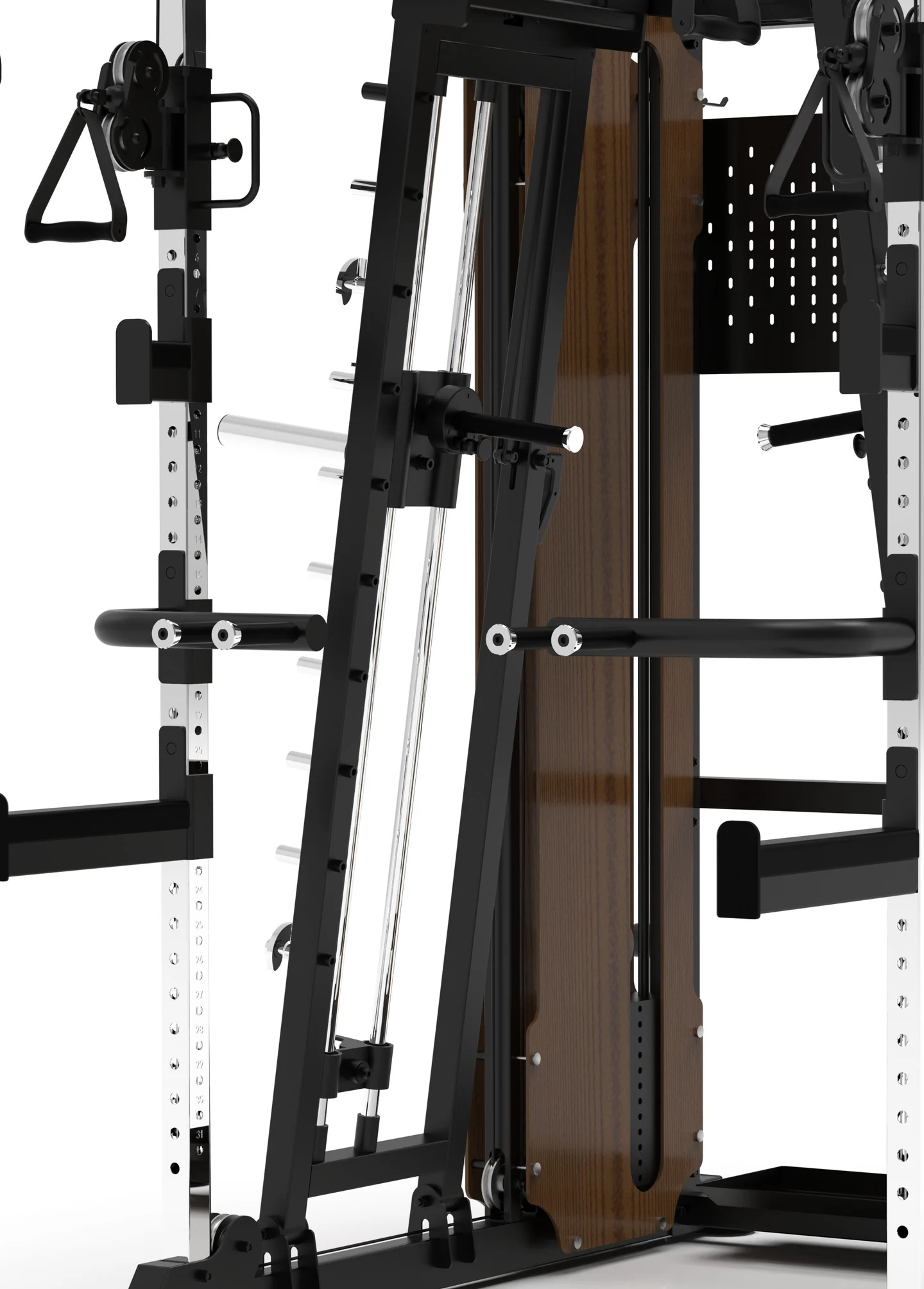 Wood-accent Smith · guide rails and independent-arm mechanism detail